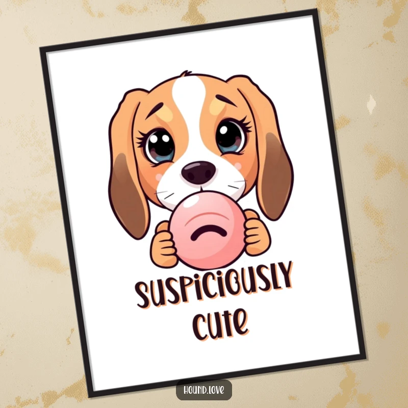 Adorable poster art of a funny hound dog with enormous, curious eyes peeking from behind a squeaky toy, full of wonder.