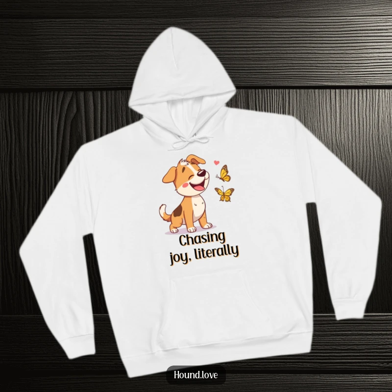 Funny hoodie depicting a laughing hound in full pursuit of a fluttering butterfly, capturing a moment of playful, outdoor joy.
