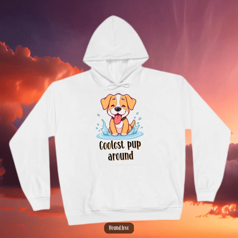 Funny hound hoodie, a goofy dog panting with its tongue out, enjoying a cool water splash, warm and humorous.