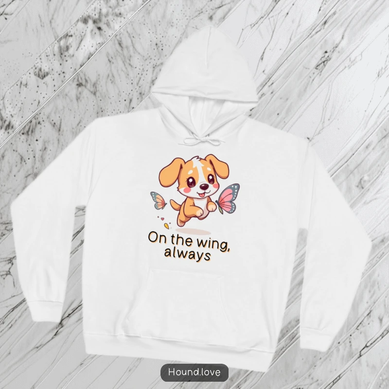 Funny hoodie featuring a gleeful hound character with bright eyes, enthusiastically chasing a delicate butterfly with beautifully shimmering wings.