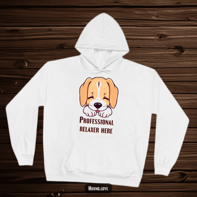 Funny hoodie depicting a hound dog resting its chin with a contented sigh, symbolizing peace and cozy comfort.