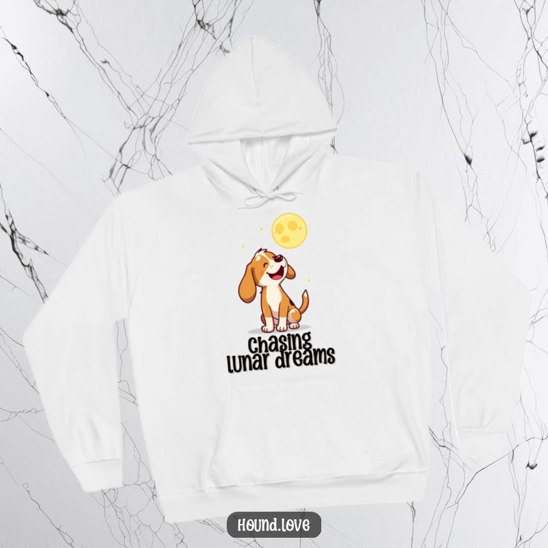 Funny Hoodie featuring a joyful hound character happily baying at a playful, bouncing moon, perfect for cozy nights.