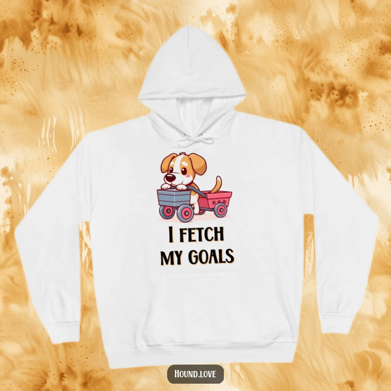 Funny hoodie design featuring a determined hound character pulling a toy cart, signifying loyalty and humorous effort.