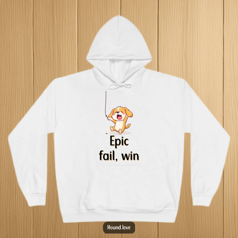 Soft hoodie featuring a funny hound dog comically falling while reaching for a dangling string, perfect for cozying up.