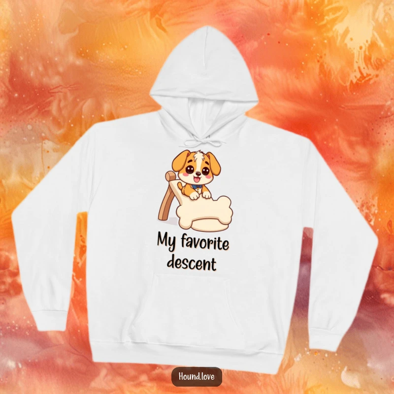 Funny hound hoodie with a giddy dog character sliding down a massive bone-shaped slide, perfect for cozy, humorous wear.