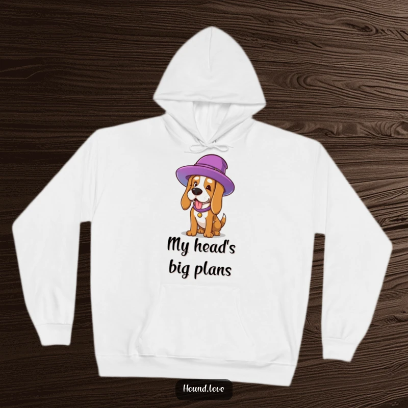 Funny Hoodie: A determined hound comically wrestling with an oversized, vibrant hat, showcasing a funny struggle and a bold sense of style.