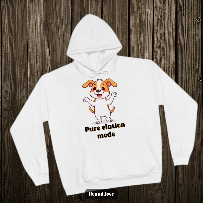 Soft hoodie featuring a funny hound dog caught in a hilarious full-body wiggle dance, perfect for cozying up.