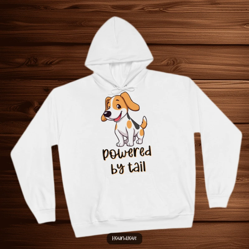 Funny hound dog hoodie featuring a happy dog with a swiftly wagging tail. Cozy, humorous comfort for dog lovers.
