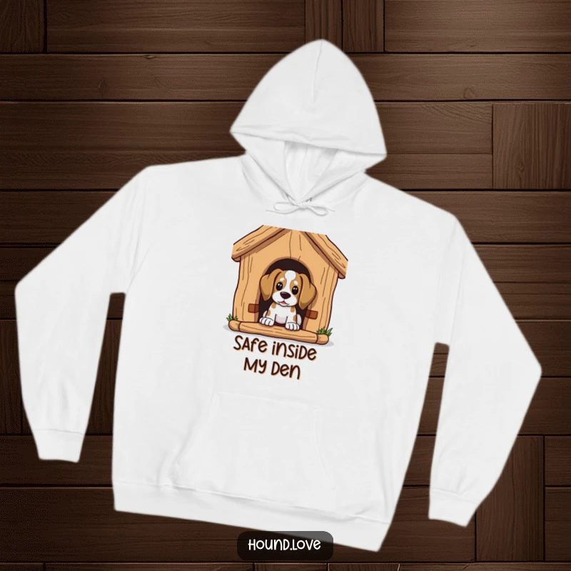 Funny Hoodie: A hound character peeks curiously from inside a gigantic dog house, cozy and intriguing.