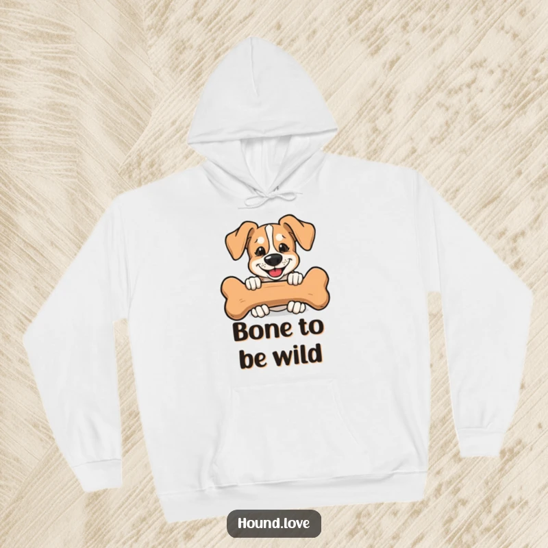 Funny Hoodie featuring a hound with a mischievous grin, peeking from behind a comically large bone, ready for a treat.
