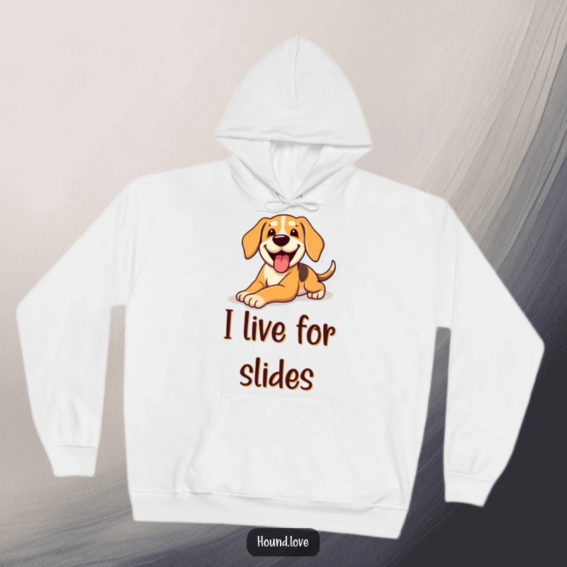 Funny Hoodie illustrating a happy, panting hound dog executing a comical slide on a polished floor, pure canine euphoria.
