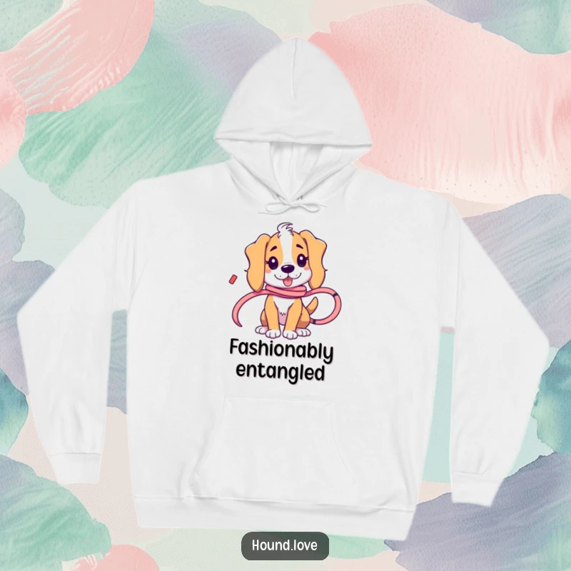 Funny hound character playfully tangled in a long, flowing ribbon, bringing a touch of whimsical humor to this cozy hoodie.