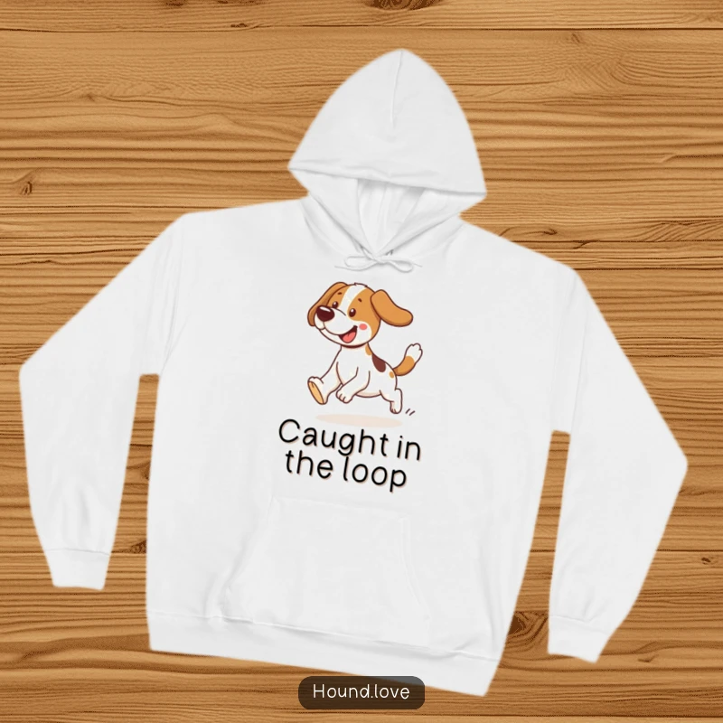 Funny hound hoodie featuring a dog comically tripping while chasing its tail. Cozy, humorous comfort for dog lovers.