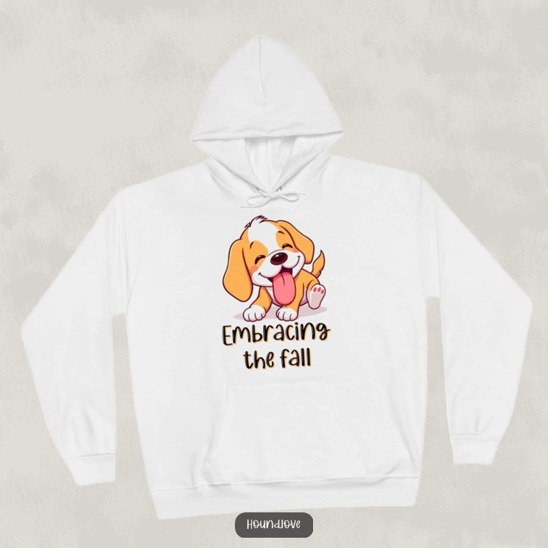 Funny hound hoodie featuring a dog comically tumbling with its tongue lolling out. Cozy, humorous comfort for dog lovers.