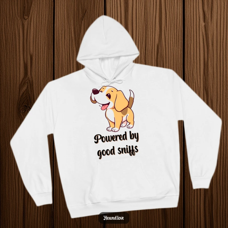 Funny Hound Hoodie: Floppy-eared hound with wagging tail joyfully sniffing, offering cozy and humorous vibes.