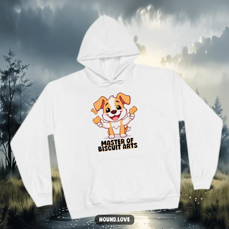 Funny hoodie graphic of an ecstatic dog mastering the art of juggling large dog biscuits, radiating pure joy.