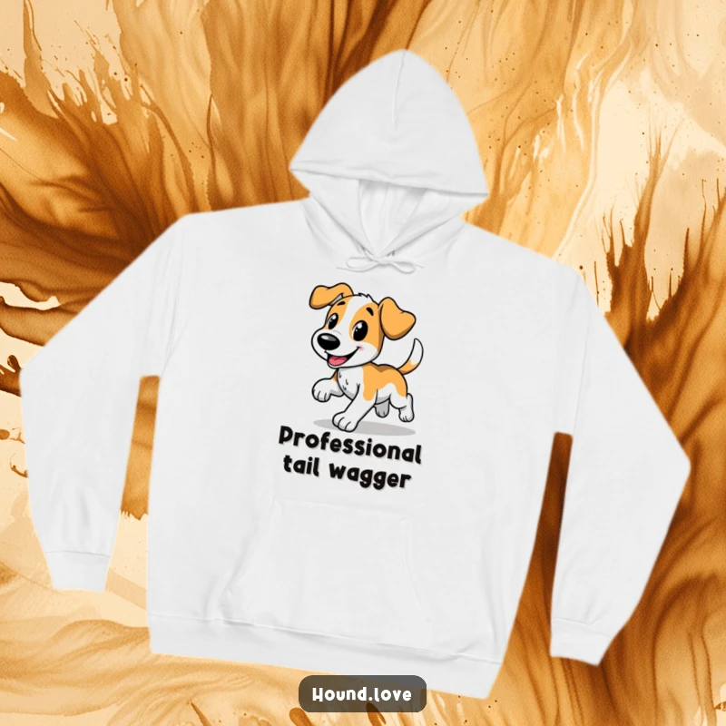 Funny hoodie displaying a happy hound dog in a comical trot, wagging tail, super soft and warm, ideal funny gift for dog lovers.
