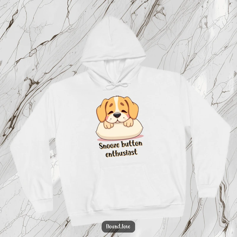 Funny hound hoodie, a contented dog resting its snout on a soft, comfy pillow, cozy and humorous apparel.
