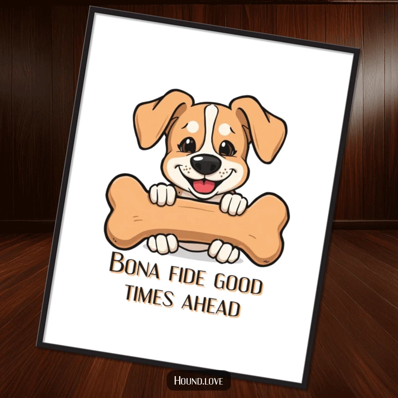 Funny Free Printable Wall Art: Hound with a mischievous grin peeking from behind a large, delicious-looking bone, creating a humorous scene.