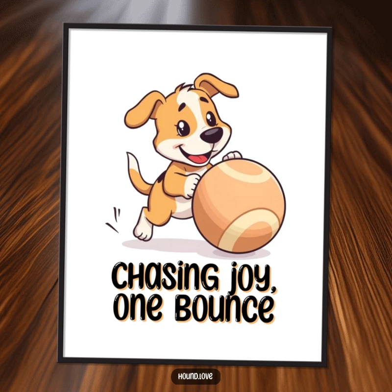 Funny Free Printable Wall Art: A hound character in full pursuit of a comically large, wobbling ball.
