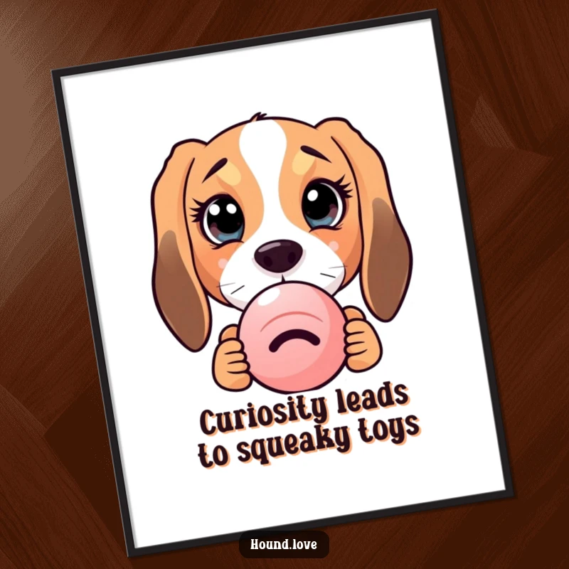 Funny Free Printable Wall Art showcasing a hound with massive, curious eyes peeking from behind a squeaky toy, full of wonder.