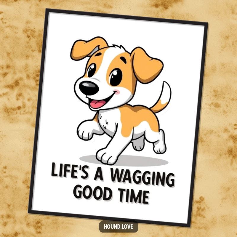 Funny Free Printable Wall Art of a happy hound doing a comical trot with its tail wagging, bringing energetic joy to any room.