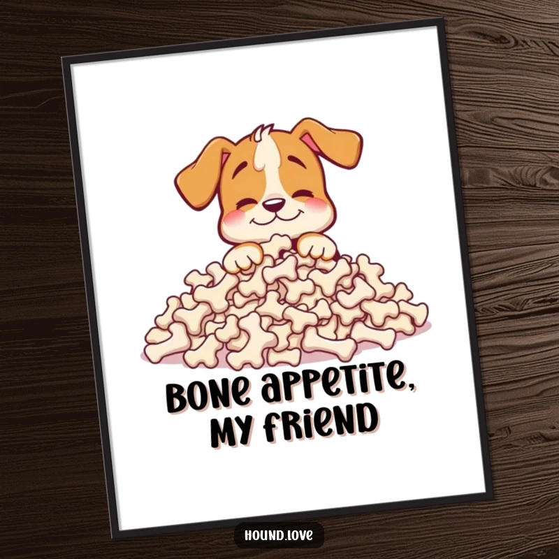 Funny Free Printable Hound Wall Art: A happy hound buries its nose into a comically gigantic pile of bones, humorous downloadable art.