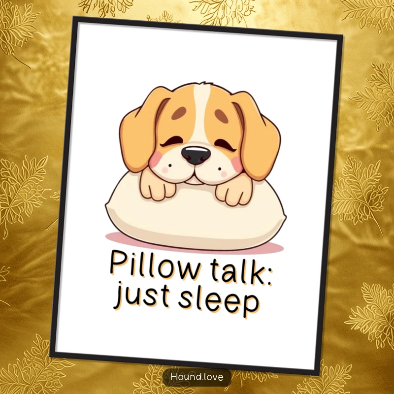 Funny Free Printable Wall Art: A hound rests its snout on a plush pillow, sighing contentedly in a perfectly cozy scene.