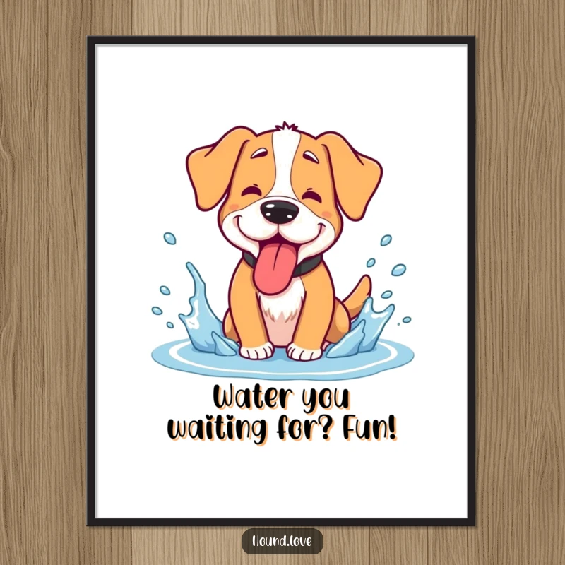 Funny Free Printable Wall Art: A happy hound pants with its tongue out, joyfully splashing in cool water, full of excitement.