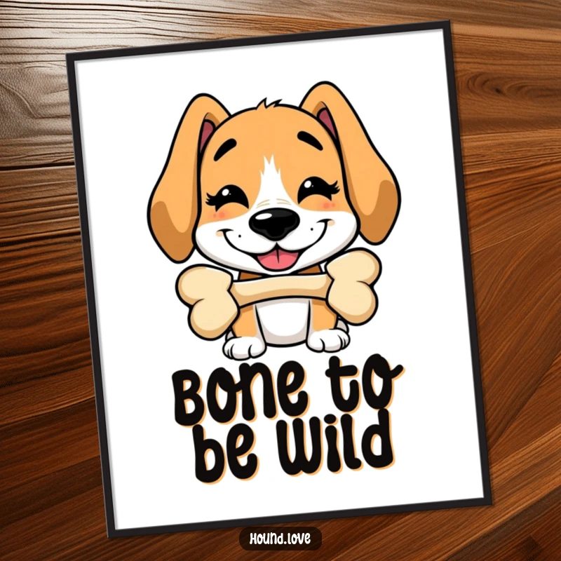 Funny Free Printable Wall Art: A hound character with a wide, silly grin masterfully balances a bone on its nose, a comical sight.