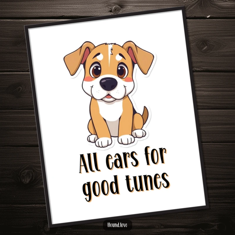 Funny free printable wall art: a hound with curious wide eyes and a head cocked, listening intently.