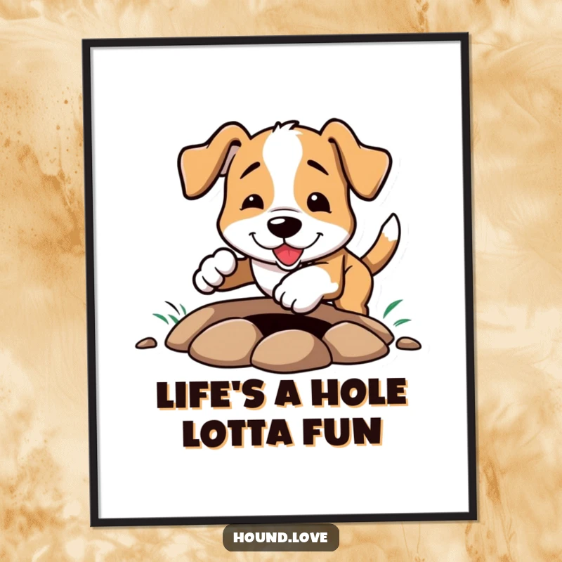 Funny Free Printable Wall Art: Energetic hound dog joyfully digging a hole with paws, playful art decor.