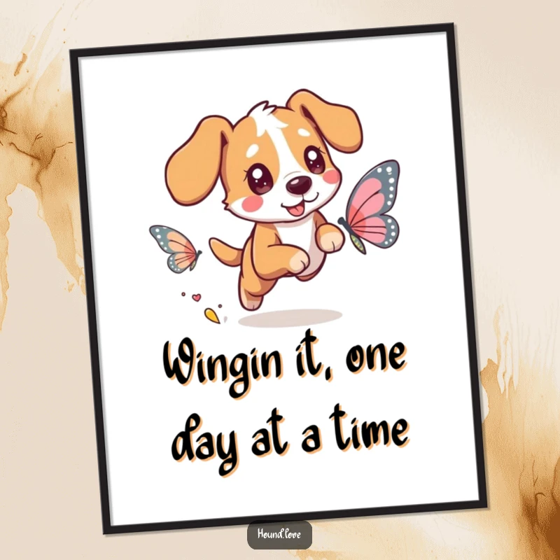 Funny Free Printable Wall Art: A dog with bright, curious eyes joyfully chasing a magical butterfly with shimmering, ethereal wings.
