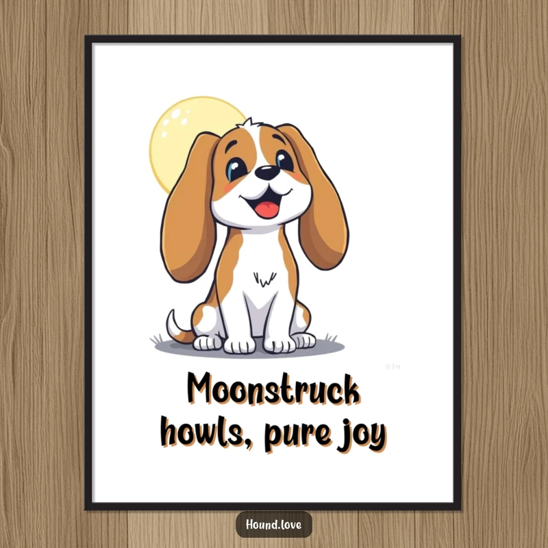 Funny Free Printable Wall Art: A hound with floppy ears joyfully baying at a luminous moon, capturing a moment of pure canine exuberance.