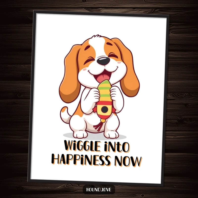 Funny Free Printable Wall Art: A hound character joyfully butting a dangling, wiggling toy with great enthusiasm.