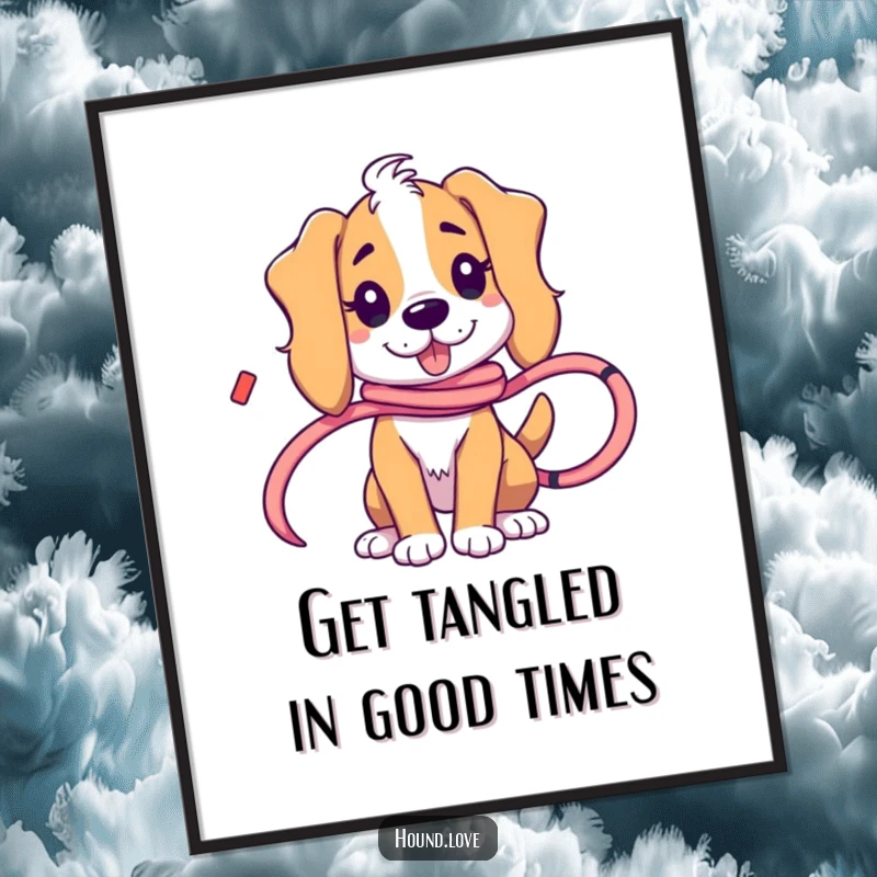 Funny Free Printable Wall Art: A hound character playfully tangled in a long, colorful, flowing ribbon, looking cute.