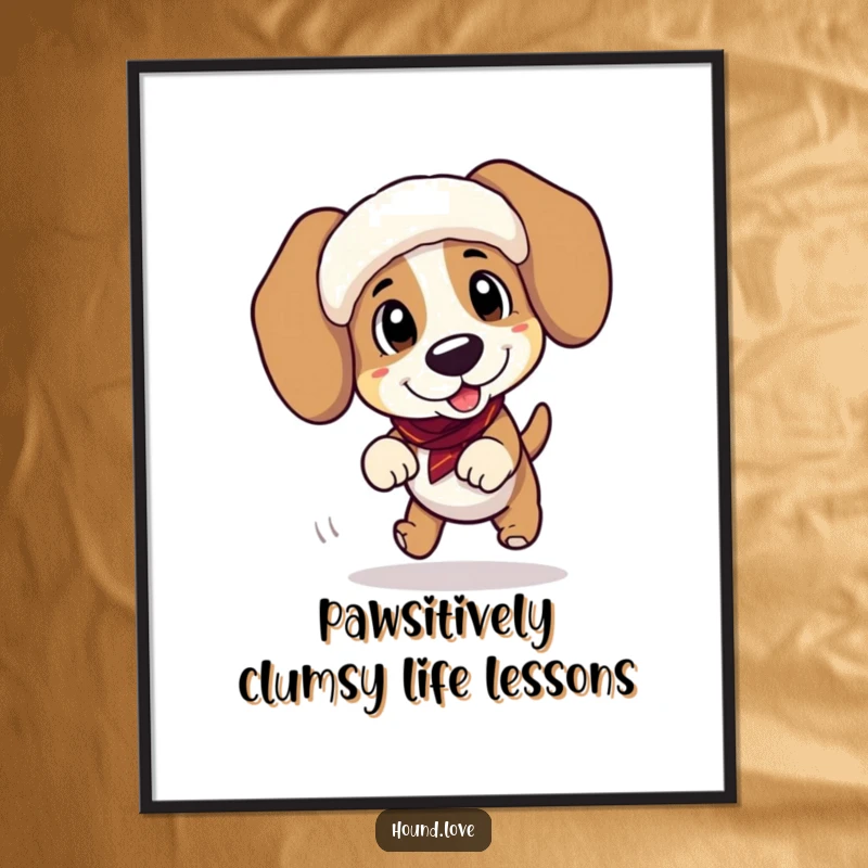 Funny Free Printable Wall Art: A Playful Hound Dog Tripping Badly While Wearing Large Ear Muffs