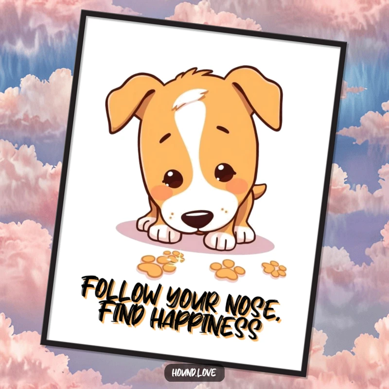 Funny Free Printable Wall Art: Hound with nose to the ground, intently sniffing a trail of whimsical, sparkling paw prints.