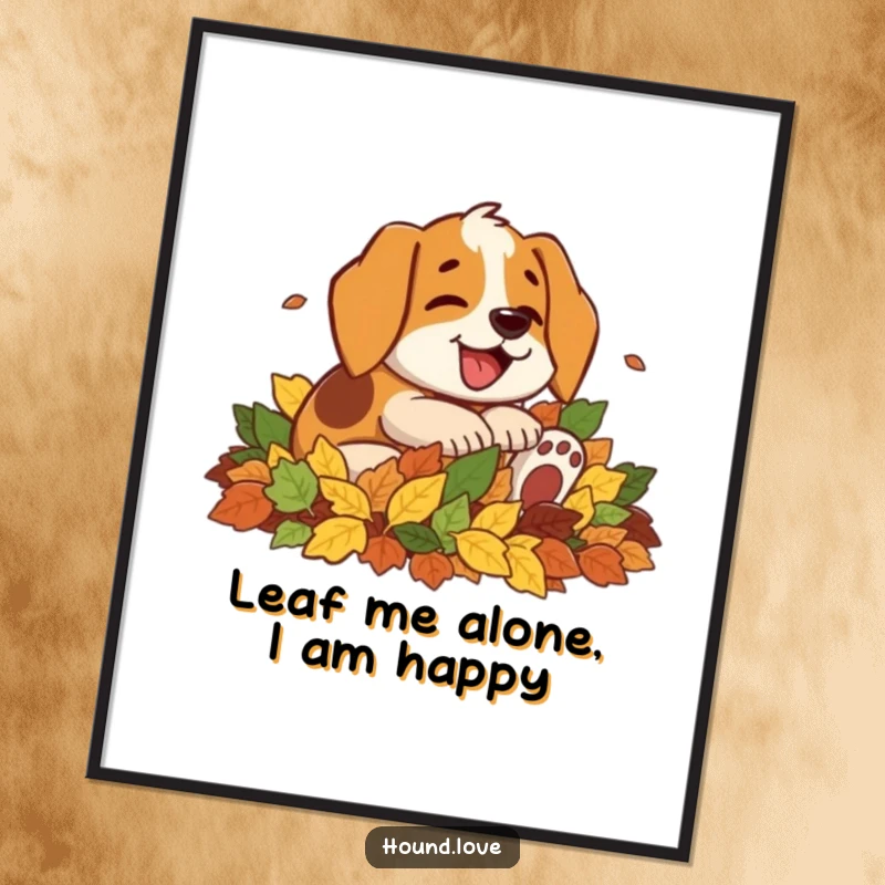 Funny Free Printable Wall Art: A delighted hound dog rolling with joy in a massive pile of colorful, crunchy autumn leaves.