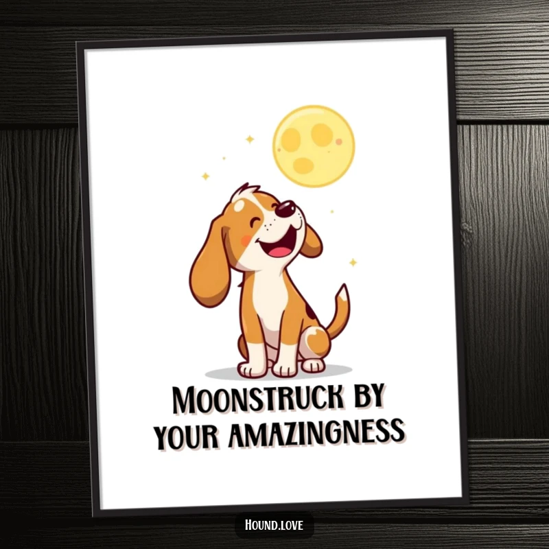 Funny Free Printable Wall Art: Hound joyfully baying up at a playful, bouncing moon under the night sky.