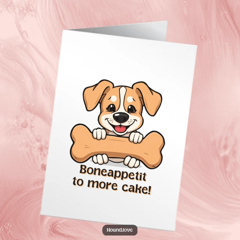 Funny Free Printable Birthday Card: Hound with mischievous grin peeking from behind a giant bone, ready to celebrate joyfully.