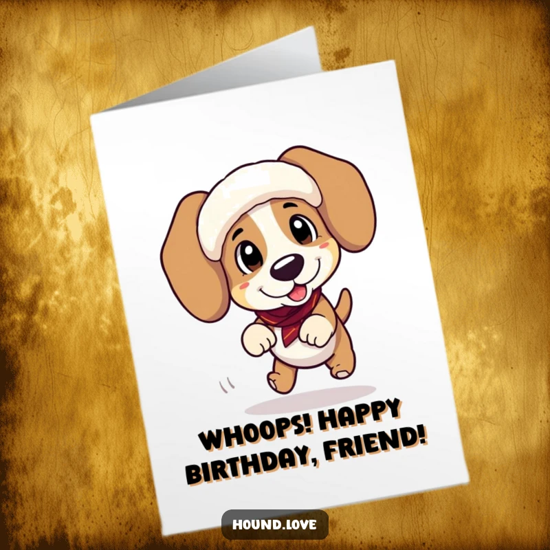 Funny Free Printable Birthday Card: Clumsy Hound Dog Tripping Hilariously with Oversized Ear Muffs