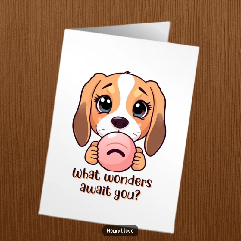 Funny Free Printable Birthday Card showing a hound with huge, curious eyes peeking adorably from behind a squeaky toy.