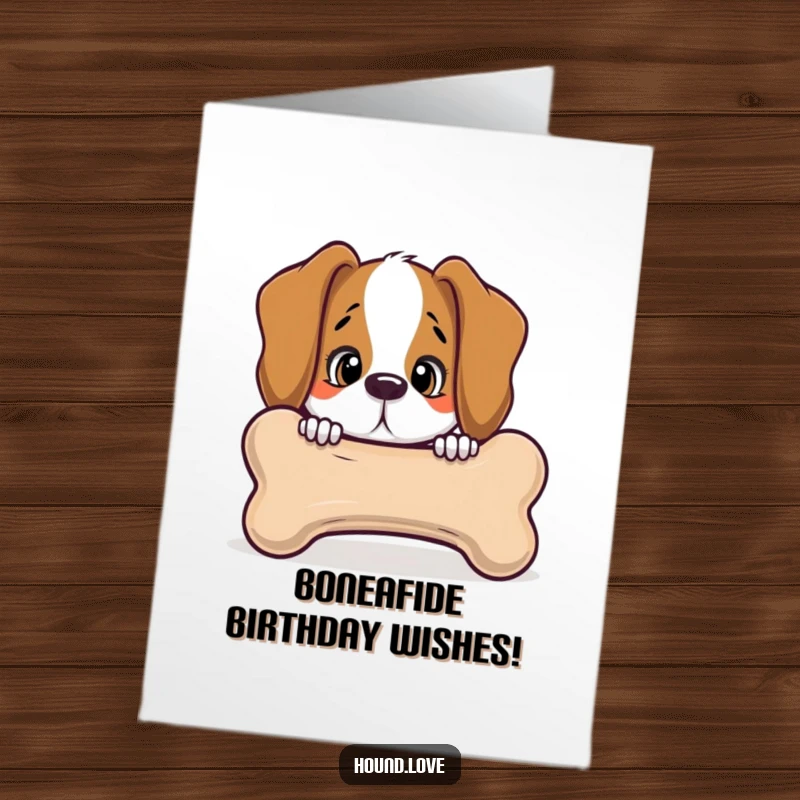 Funny Free Printable Birthday Card: Hound peeking curiously from behind a giant talking bone, adding an element of mystery.