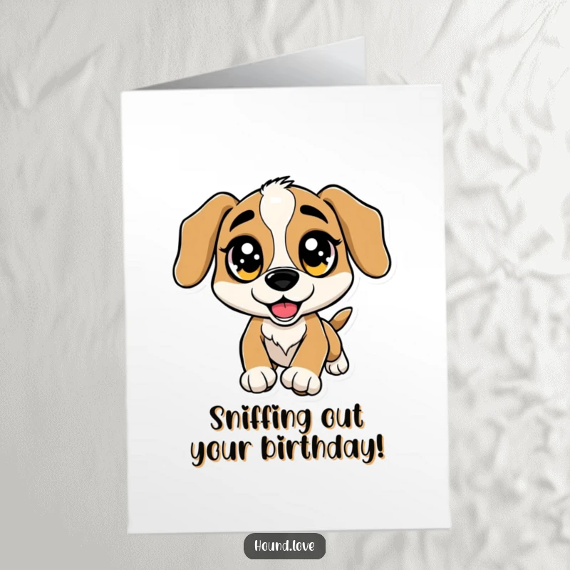 Funny Free Printable Birthday Card: Hound with sparkling eyes, leaping excitedly towards a scent.