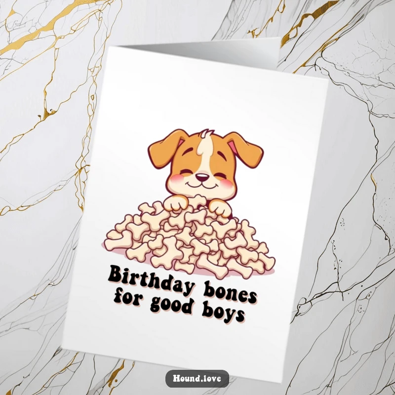 Funny Free Printable Birthday Card: Happy hound buries nose in massive pile of bones, expressing birthday joy, downloadable gift.
