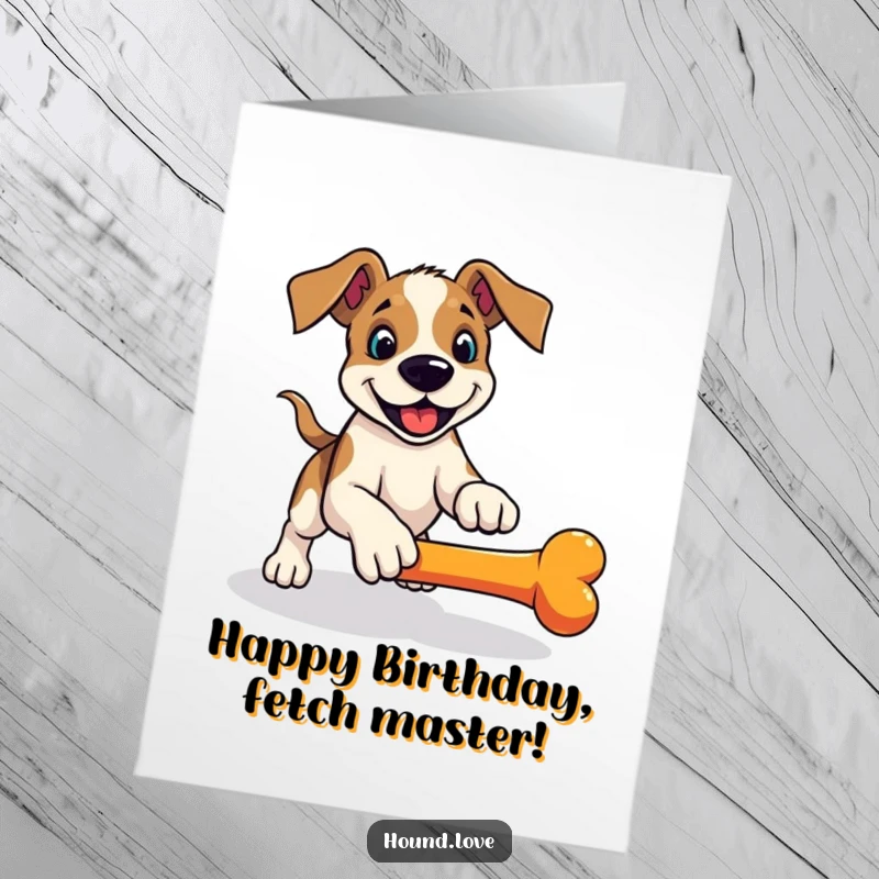 Funny Free Printable Birthday Card: A hound playfully pounces, eager to fetch a brightly colored, rolling bone.