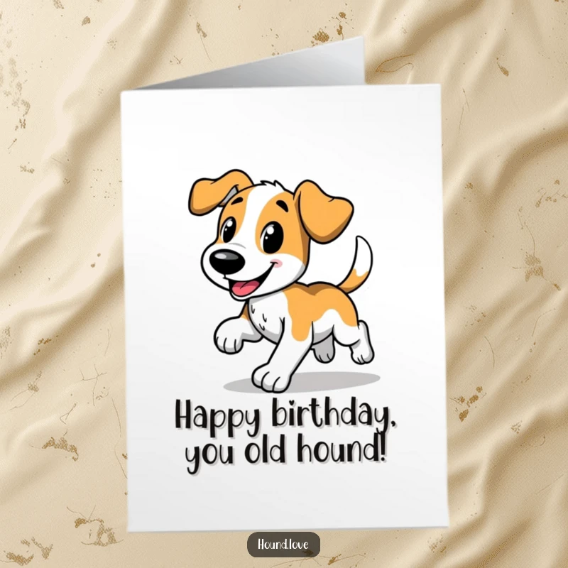 Funny Free Printable Birthday Card featuring a happy hound trotting with a wagging tail, full of excitement and birthday cheer.