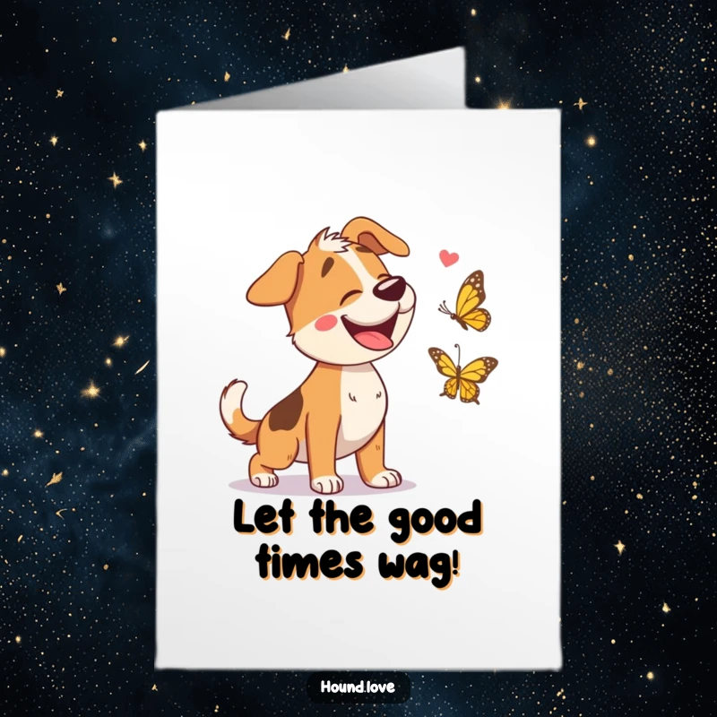 Funny Free Printable Birthday Card featuring a giggling hound dog joyfully chasing a whimsical butterfly in a meadow.