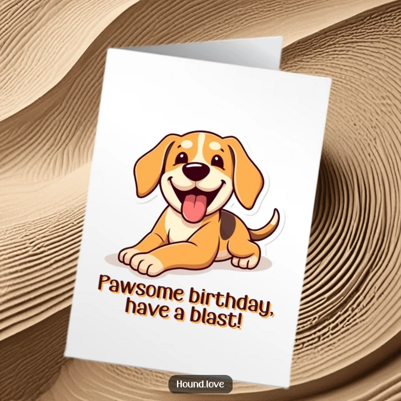 Funny Free Printable Birthday Card: Happy hound with tongue out, sliding joyfully on a polished floor, ready to party.